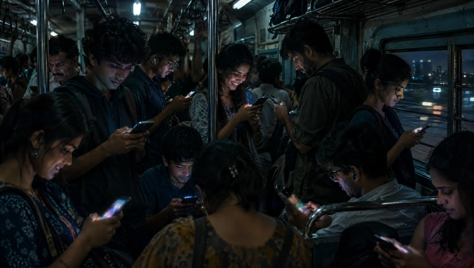 A crowded Mumbai local at night, every face lit by a phone