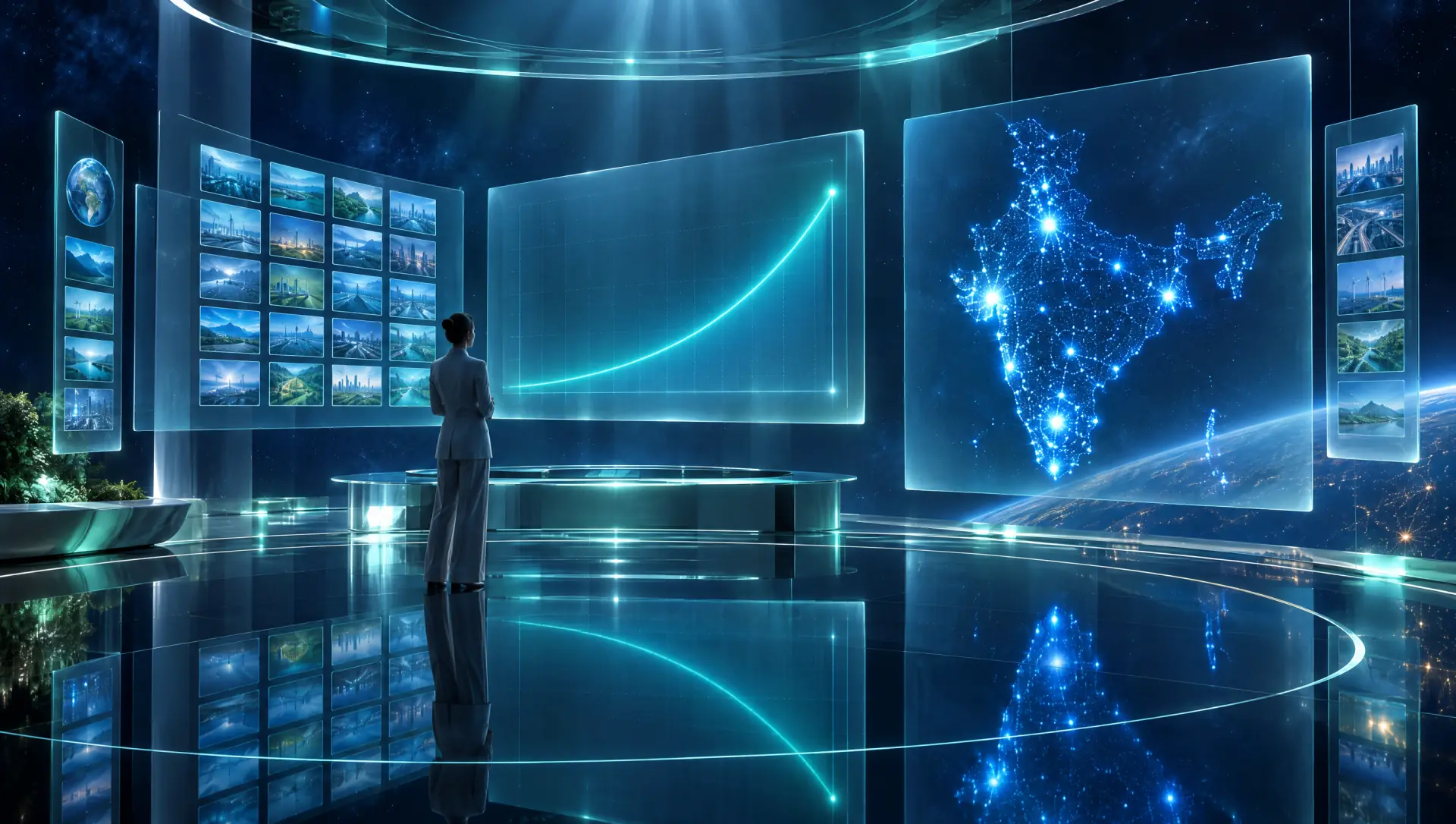 A glass control room with a rising curve and a map of India